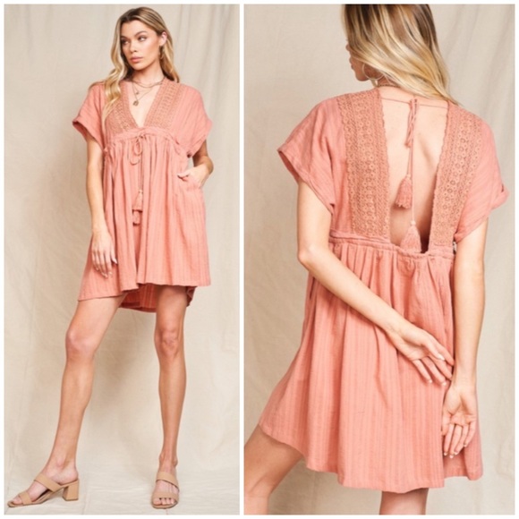 Dresses & Skirts - SOLD OUT Clay Cover Up Style Crochet Boho Swingy Dress w/ Tassel Trim Tie Casual